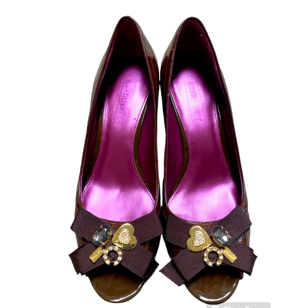 NEW Coach Poppy Peep Toes Wedge Sandal High Heels Brown Bow & Charm Size 8.5-9